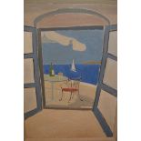 Modern British School oil on canvas, view through a window to the sea, 226ins x 18ins