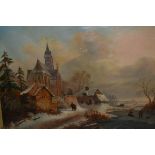 19th Century Dutch school, oil on canvas, winter scene with figures on a frozen pond, a church and