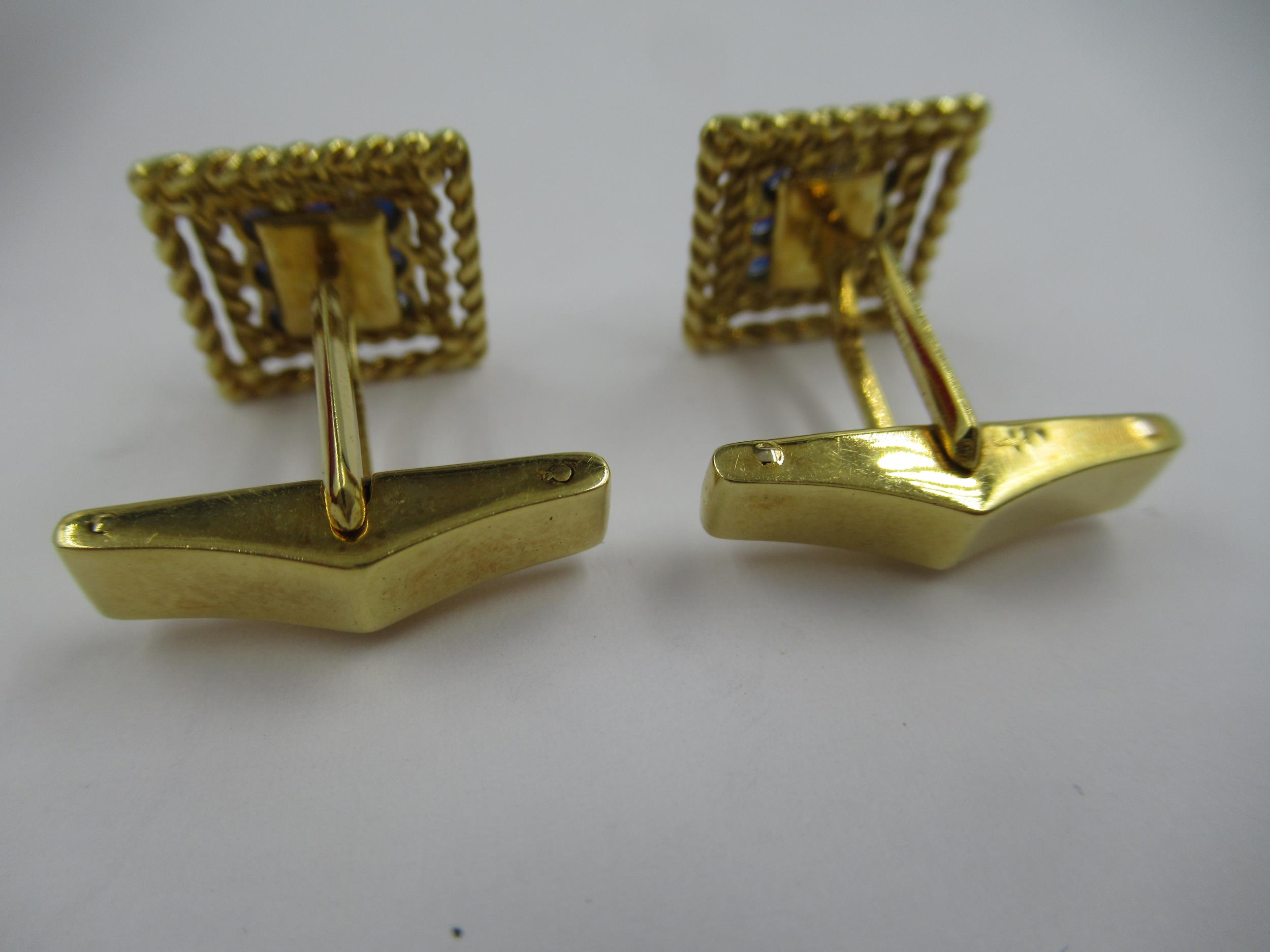 Cartier, pair of 18ct yellow gold sapphire set cufflinks of square stepped design, with original box - Image 3 of 3