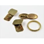 22ct Gold wedding band, 2.6g, together with a pair of 9ct gold cufflinks and a single 9ct gold