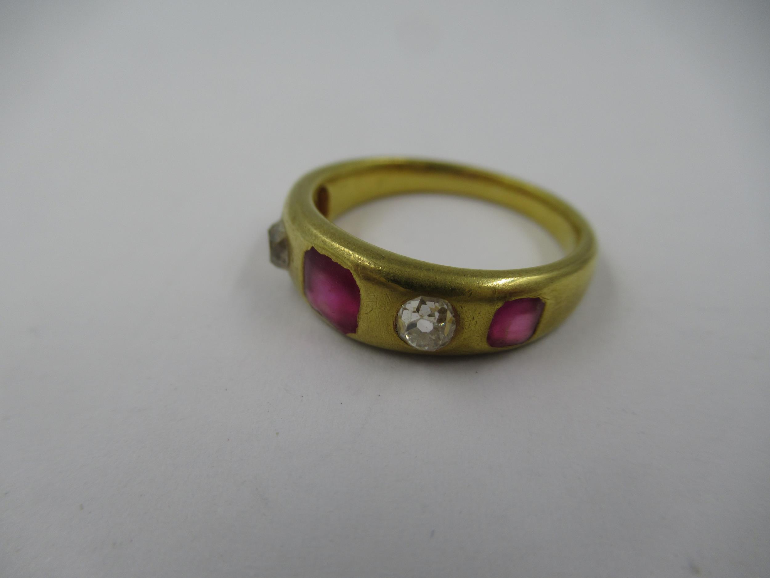 19th Century gold five stone ruby and diamond set gypsy ring, 6g, size 'K.5' Only marked JL. Some - Image 2 of 5