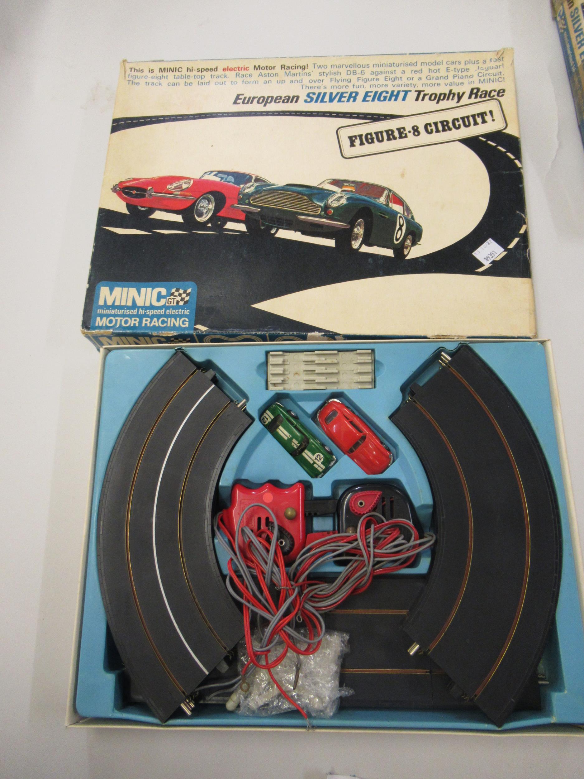Minic GT miniaturised high speed electric motor racing set, in original box, Jaguar E-type and Aston