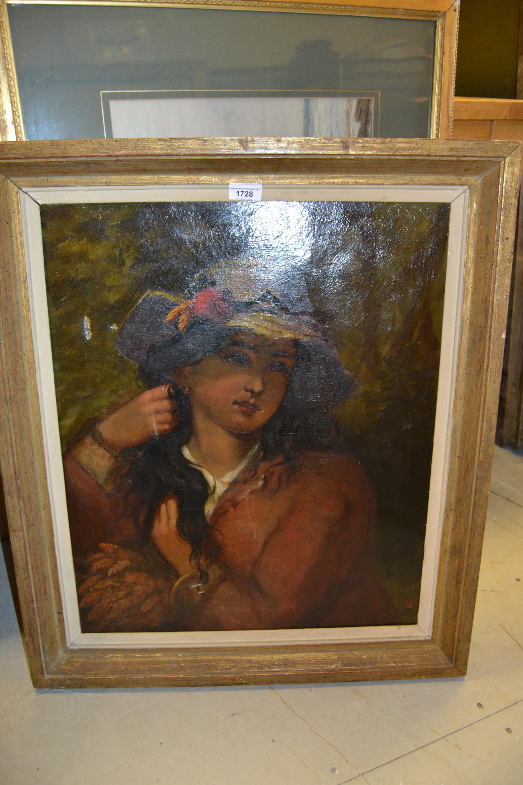 19th Century oil on canvas, portrait of a girl wearing a straw hat, signed with monogram, 23ins x - Image 2 of 2