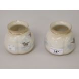 Pair of small Royal Worcester lobed squat baluster vases, painted with blue tits, 3.25ins high In