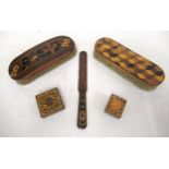 Group of five Tunbridge ware items, comprising, two brushes, two boxes, and a paper knife
