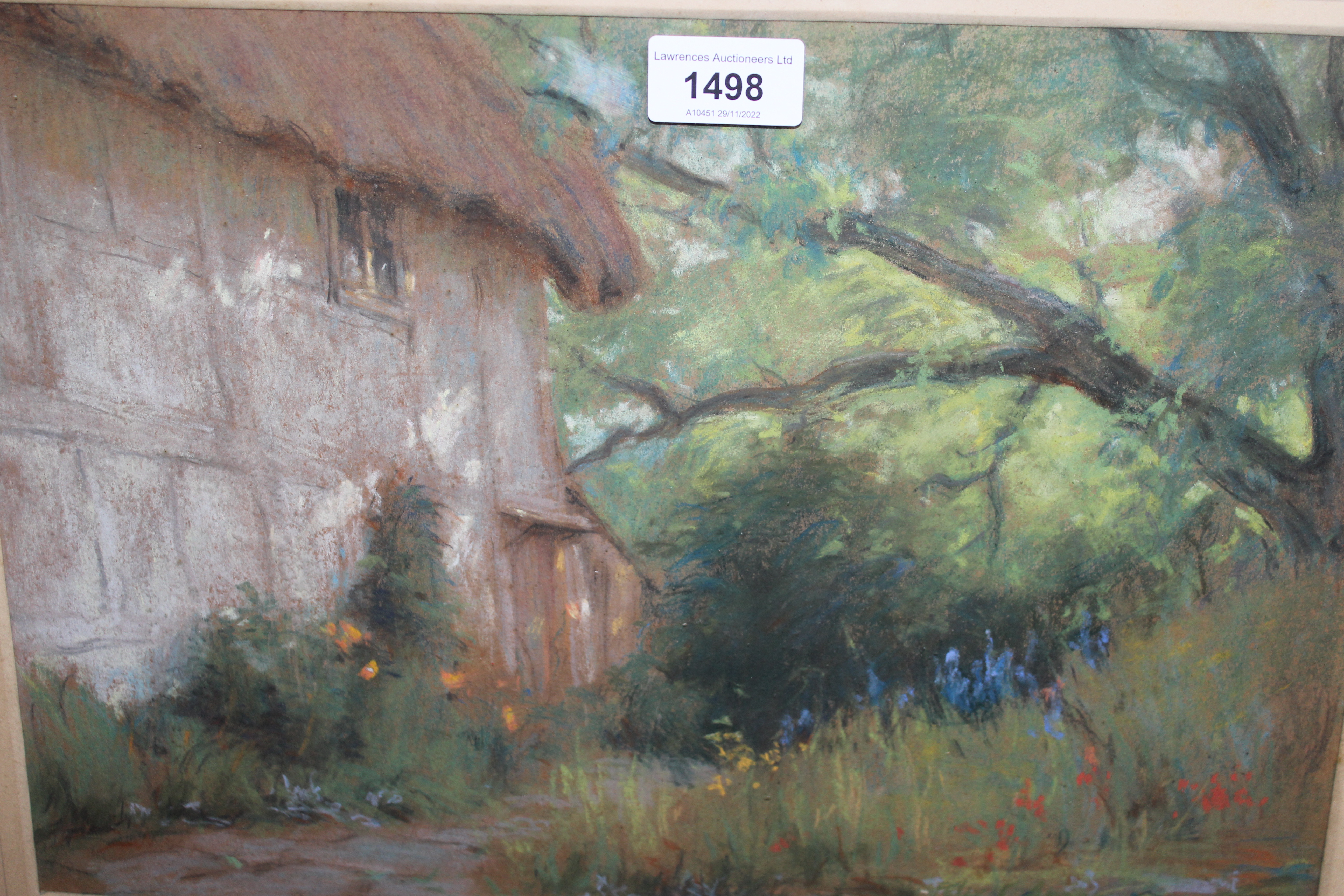 Felix E Andrews pastel, thatched cottage in a wooded landscape, signed, 10ins x 15ins, gilt framed