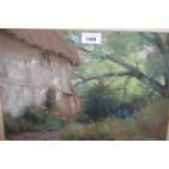 Felix E Andrews pastel, thatched cottage in a wooded landscape, signed, 10ins x 15ins, gilt framed