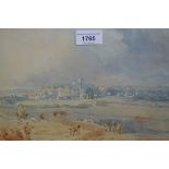 19th Century English school, pencil and watercolour, figures in a landscape with distant village and