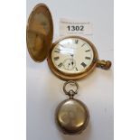 Silver sovereign case with engine turned decoration and a gold plated pocket watch (at fault)