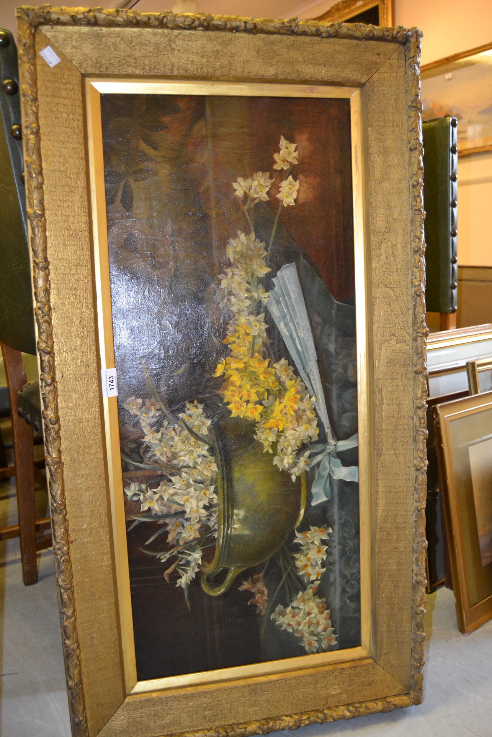 Late 19th / early 20th Century English school, oil on canvas, still life with daffodils, two handled - Image 2 of 2