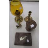 White metal mounted leather wallet, treenware spice box, porcelain figure and two brass lamp bases
