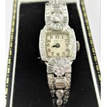 Ladies Art Deco platinum and diamond cocktail wristwatch by Hamilton (winds and sets, minute hand