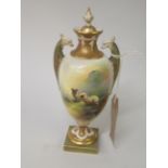 Small Royal Worcester two handled pedestal vase and cover, painted with sheep in a landscape by