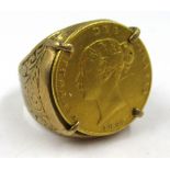 1851 half Sovereign in a gold ring mount, 9.5gms, size 'T'