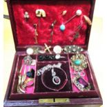 Small leather jewellery box containing a collection of various jewellery, including a fob watch etc.