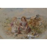 19th Century watercolour, mother and child with ducks and chicks in a landscape, 7ins x 10ins