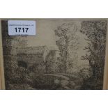 Alphonse Legros, 19th Century artist signed etching, crouching figure before a bridge, 4.75ins x 5.