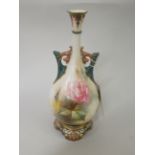 Hadley's Worcester two handled baluster vase with narrow neck and ornate base, painted with pink