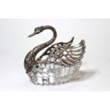 Silver mounted glass trinket dish, in the form of a swan In good condition, no signs of