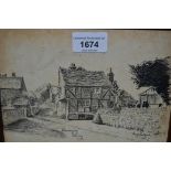 Harry Bashford, pen and ink sketch, Bletchingley, signed and dated 1939, 6ins x 8ins, framed