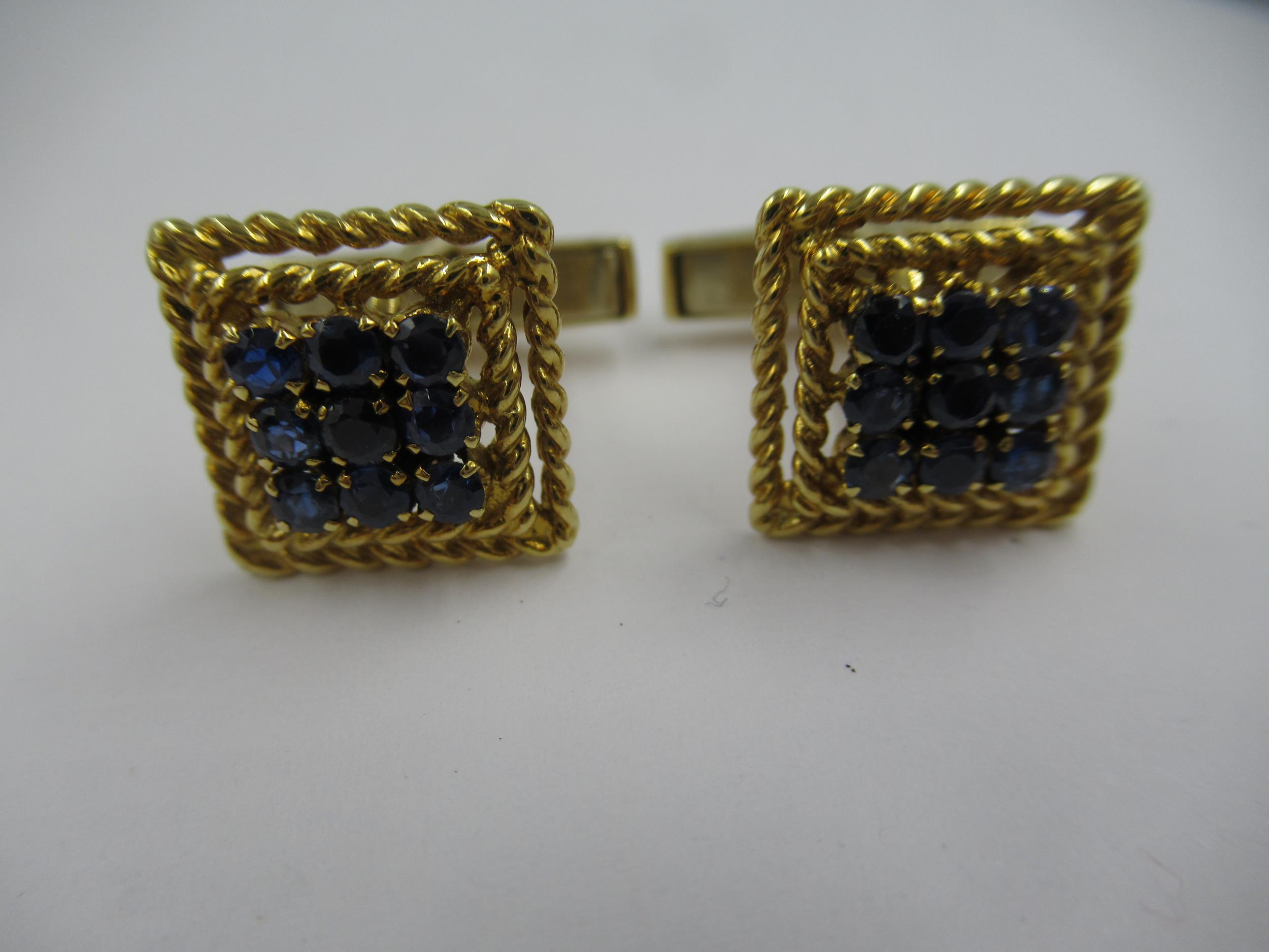 Cartier, pair of 18ct yellow gold sapphire set cufflinks of square stepped design, with original box - Image 2 of 3
