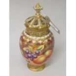 Royal Worcester porcelain potpourri vase painted with fruit, signed R. Lewis with gilded crown