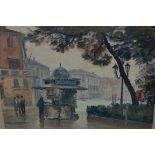 Julian Barrow, oil on canvas, figures beside a newsstand, possibly Venice, 8ins x 10ins, gilt framed