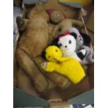 Chad Valley puppets of Sooty, Sweep and Sue, together with an antique articulate teddy bear (at