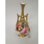 Royal Worcester two handled baluster vase, painted with red roses, (repair to neck), 8ins high