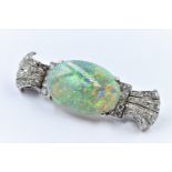 Art Deco unmarked high carat white metal opal and diamond brooch, overall width approximately