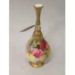 Royal Worcester baluster form vase with narrow neck, painted red and pink roses by Sedgley, date