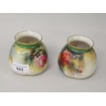 Pair of Royal Worcester J. Hadley monogrammed small squat, lobed baluster vases, painted with roses,