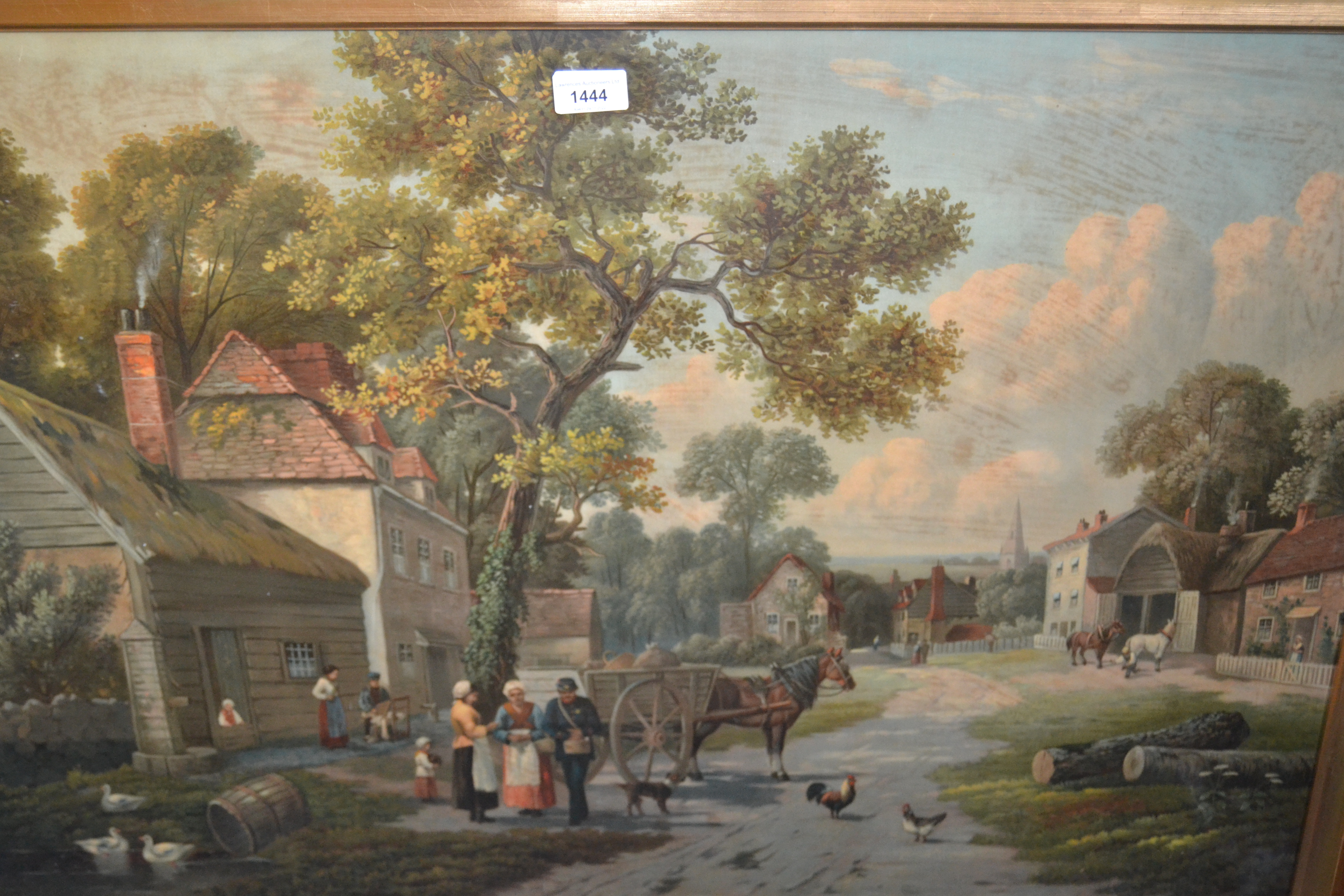 Pair of large gilt framed coloured prints, rural village scenes