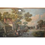 Pair of large gilt framed coloured prints, rural village scenes