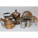 Copper and brass two handled samovar, trivet, bed warming pan, two copper kettles and two pewter