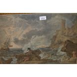 Antique French coloured engraving ' Les Navigteurs Au Desespoir ', after Joseph Vernet, 14ins x 20.