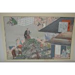 Pair of unframed Japanese woodblock prints, figures working in a landscape and similar scene, both