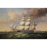 20th Century oil on panel three masted sailing ship of a rocky coast, signed Webb, 11ins x 15ins,