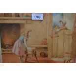 F.T Underhill, watercolour, kitchen interior scene with girl washing and boy in doorway, signed 8ins