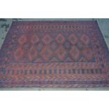 Afghan Belouch rug having two rows of six hooked medallions with multiple borders on a burgundy