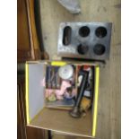 Box containing a collection of children's nursery kitchen furniture including a metal and brass