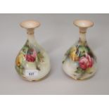 Pair of Royal Worcester J. Hadley monogram vases, with flared rims and baluster bodies, painted with