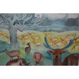 Sally Hunkin, watercolour, deer in a landscape, signed 15.5ins x 21ins, framed