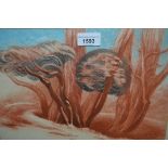 Sir Lawrence Gowing, signed pastel drawing, surrealist study of trees, 9.5ins x 13ins
