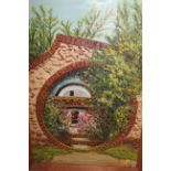 20th Century oil on board, garden scene looking through a circular brick gateway, monogrammed E.P,