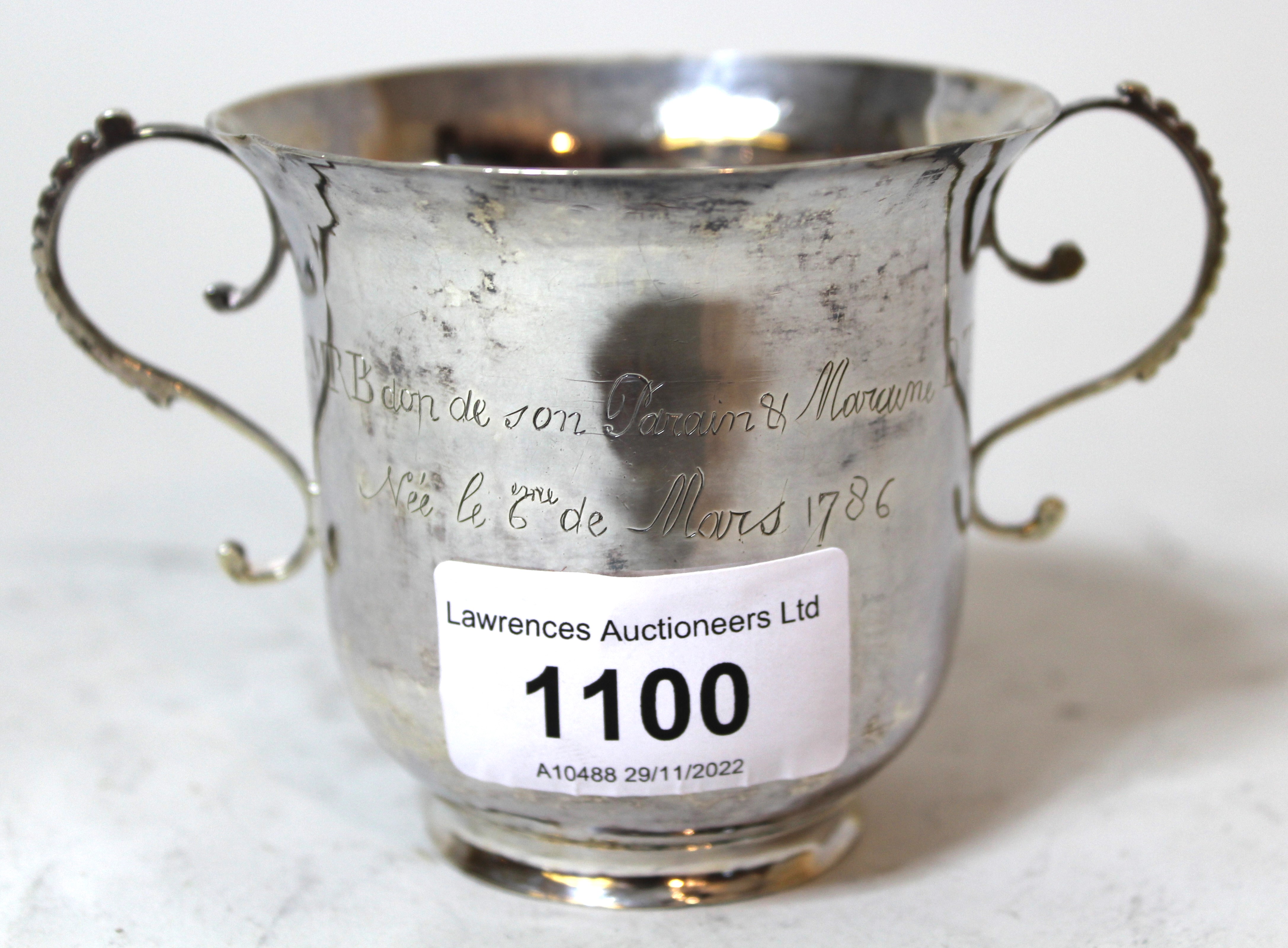 Small 18th Century silver two handled porringer, possibly Scottish, with a French inscription,