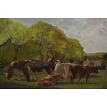 Late 19th Century oil on canvas, landscape with cattle grazing, monogrammed R. T., 14ins x 16ins