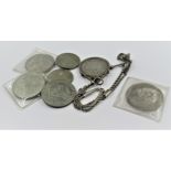 United States of America 1889 one dollar coin, mounted on a white metal fob chain, together with a