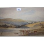 S. Angell Roberts, watercolour, view of LLangorse, South Wales, river landscape with cattle before