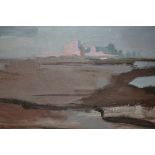 Oil on canvas board, view across a coastal inlet with distant buildings, bearing signature '
